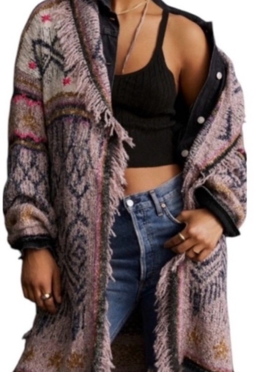 Pilcro Sweaters - Pilcro Pink Evil Eye Multi Fringe Knit Duster Cardigan